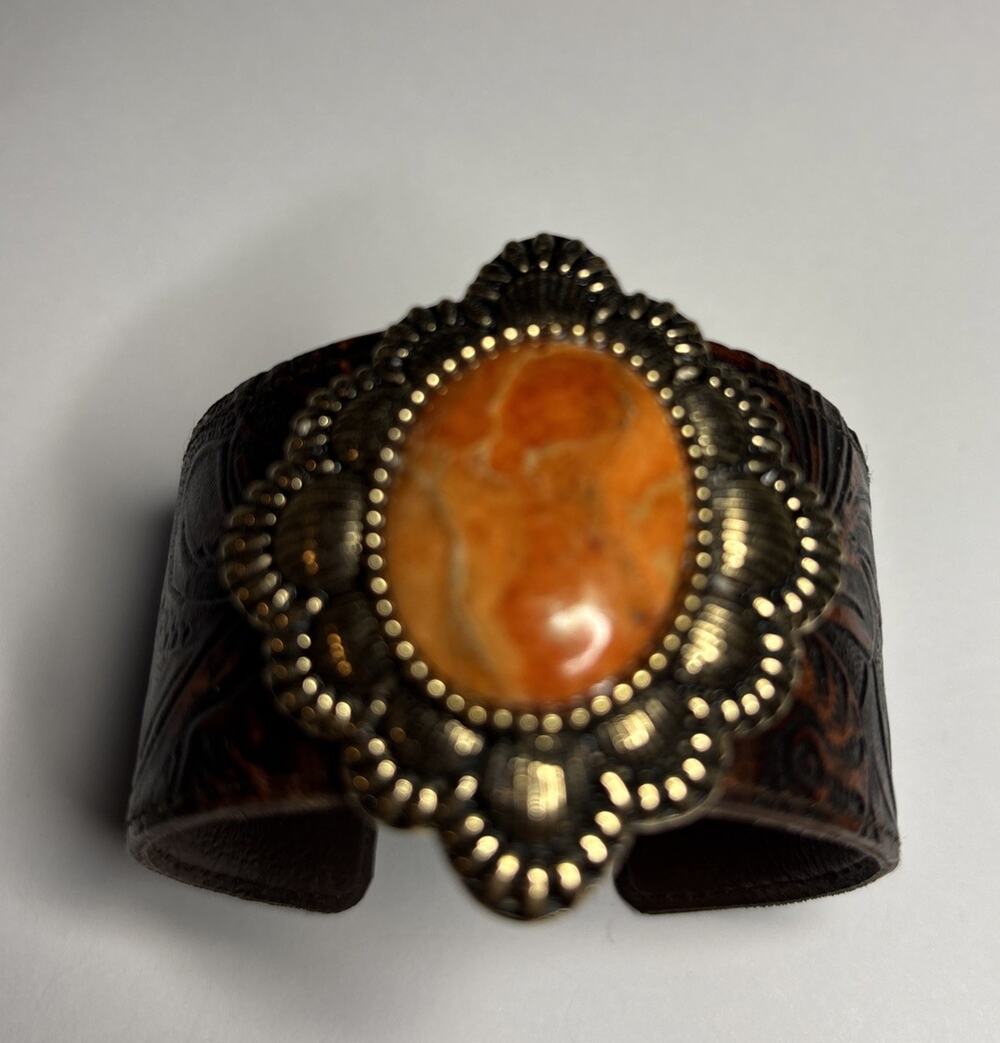 Barse Tooled Leather Cuff Bracelet Orange Agate Copper Tone Statement